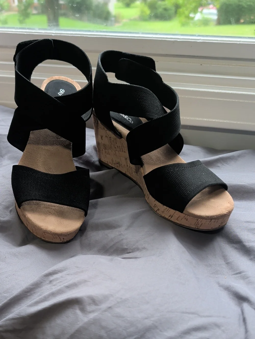 Style & Co. Black Elastic Strap Cork Wedge Sandals